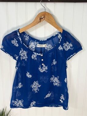 Abercrombie & Fitch Royal Blue Floral Button-Front Peasant Top